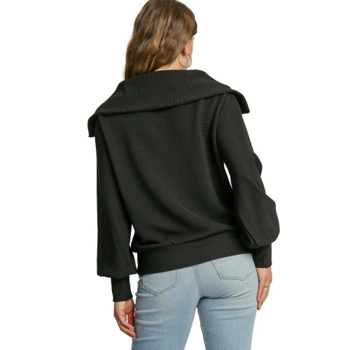 Women's Umgee Rib Knit Half Zipper Pullover Top - Black Back Women's Umgee Rib Knit Half Zipper Pullover Top - Black Back