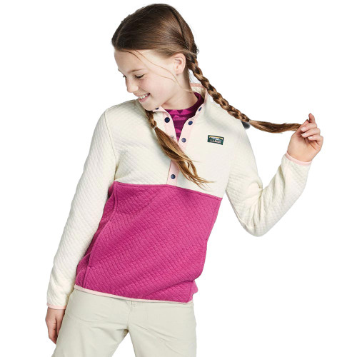 Girls' L.L.Bean Quilted Quarter Snap Colorblock Pullover Sizes 8 -18 Cream Sugar Plum Model