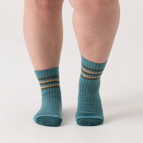 Women's Wide Open Multi Stripe Cushioned Micro Crew Socks Light Teal Front