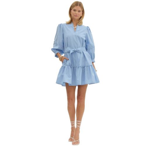 Women's Entro Scallop Trim Mini Dress With Belt Light Blue Model