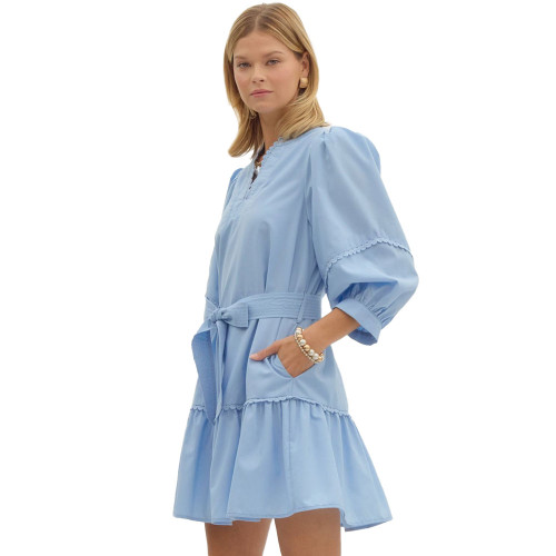 Women's Entro Scallop Trim Mini Dress With Belt Light Blue Side