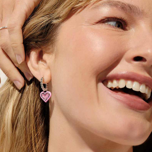 Kendra Scott Ari Heart Silver Enamel Frame Huggie Earrings - Pink Iridescent Glitter Glass Model