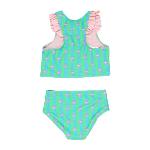 Girls' RuffleButts Racerback Flutter Tankini - Neon Flamingo Stripe Back