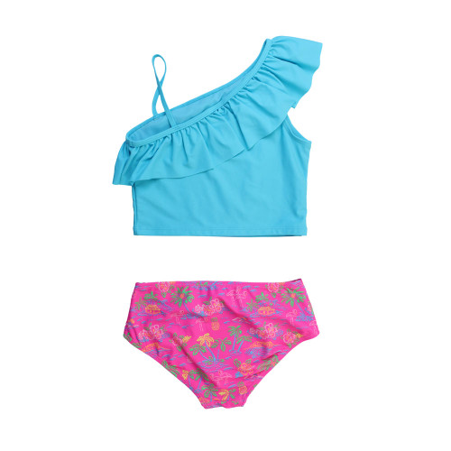 Girls' RuffleButts One Shoulder Ruffle Tankini - Neon Island Time Back