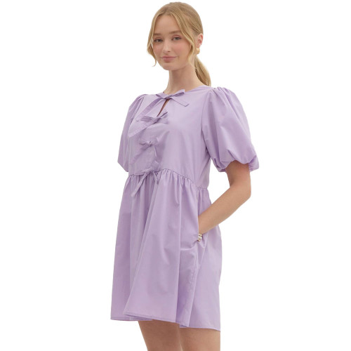Women's Entro Bubble Sleeve Ribbon Bow Mini Dress Lavender Side
