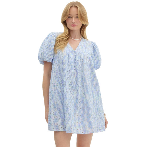 Women's Entro Striped Floral Embroidered Mini Dress - Blue Front