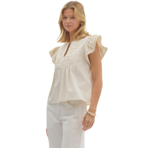 Women's Entro Flutter Sleeve Top Ecru Side