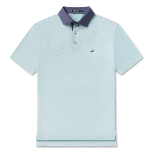 Men's Southern Marsh Bermuda Performance Polo - Hampton Stripe Antigua Blue And White Front Flat