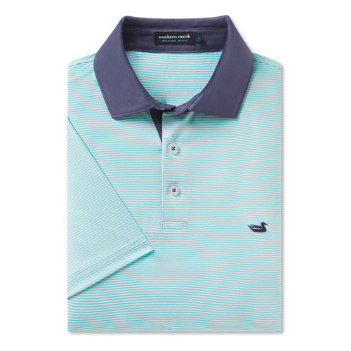 Men's Southern Marsh Bermuda Performance Polo - Hampton Stripe Antigua Blue And White Folded
