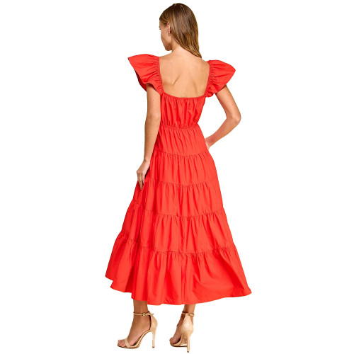 Women's TCEC Fit And Flare Flutter Sleeve Tiered Midi Dress Red Back