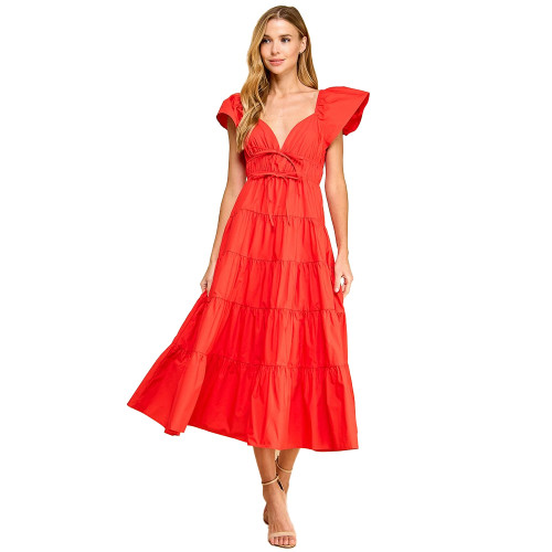 Women's TCEC Fit And Flare Flutter Sleeve Tiered Midi Dress Red Main