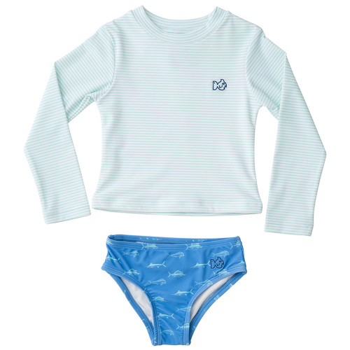 Girls' Prodoh Long Sleeve Reef Rashguard Waterspout Stripe Blue Swim Set