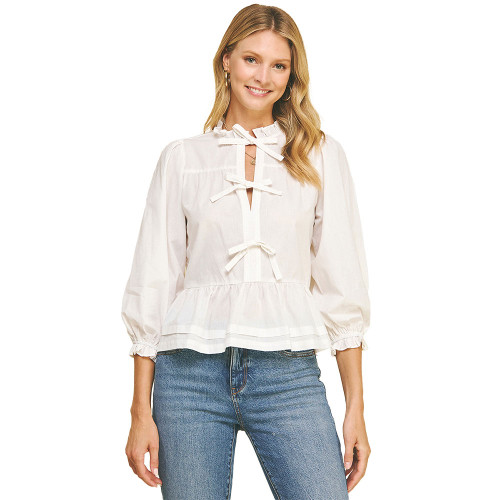 Women's Pinch Quarter Sleeve Ribbon Tie Blouse - Off White