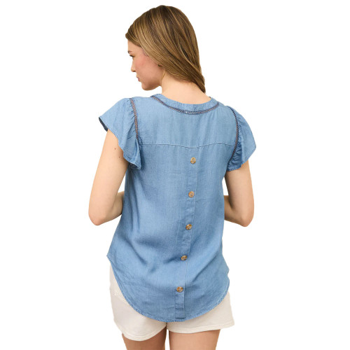 Women's Blu Pepper V-Neck Lace Trim Back Button Top Chambray Back