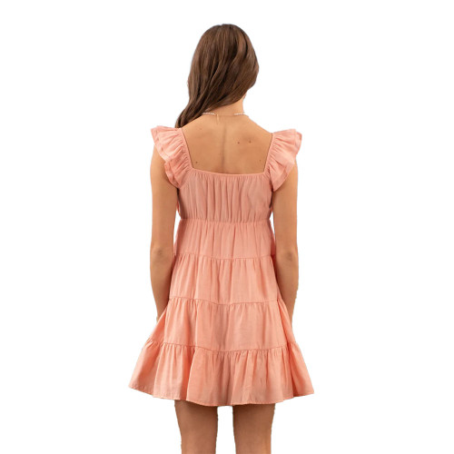 Women's Blu Pepper V-Neck Tiered Babydoll Mini Dress Coral Back