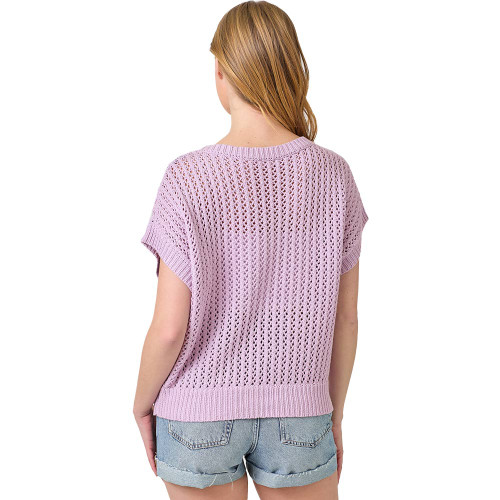 Women's Mystree Crochet Weave Slouchy Short Sleeve Pullover Top Lavender Back