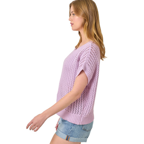 Women's Mystree Crochet Weave Slouchy Short Sleeve Pullover Top Lavender Side