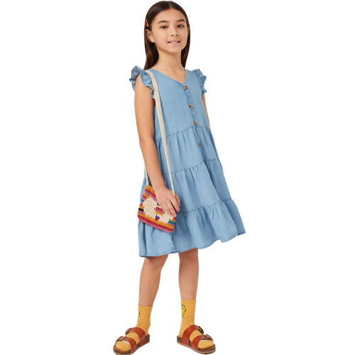 Girls Hayden Ruffle Button Down Tiered Dress - Light Denim Full Model Standing
