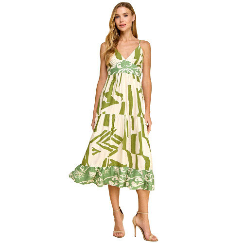 Women's TCEC V-Neckline Abstract Print Green Dress