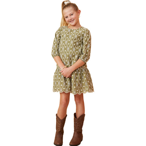 Girls' Hayden Eyelet Crochet Patterned Scallop Hem Half Sleeve Dress - Sage Full Model