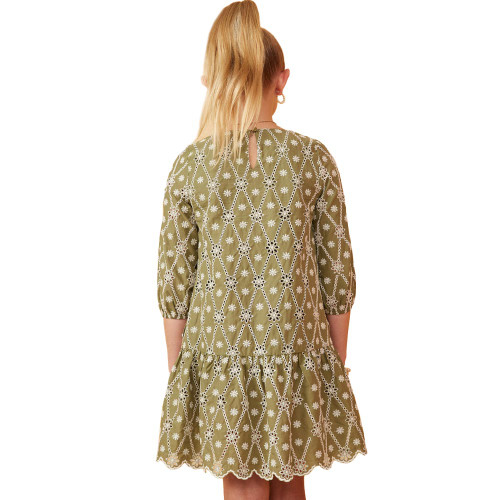 Girls' Hayden Eyelet Crochet Patterned Scallop Hem Half Sleeve Dress - Sage Back