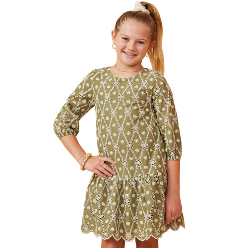 Girls' Hayden Eyelet Crochet Patterned Scallop Hem Half Sleeve Dress - Sage Front