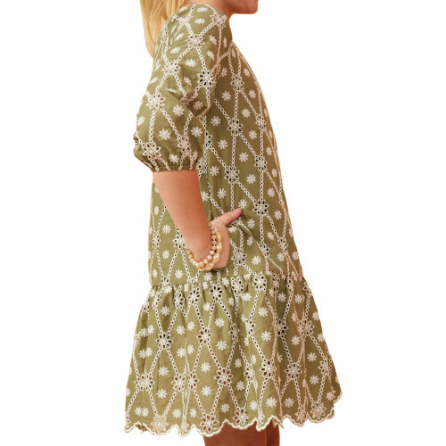 Girls' Hayden Eyelet Crochet Patterned Scallop Hem Half Sleeve Dress - Sage Side