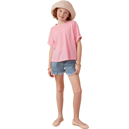 Girls' Hayden Raw Edge Triblend Knit Dolman Short Sleeve T-Shirt Pink Full Model