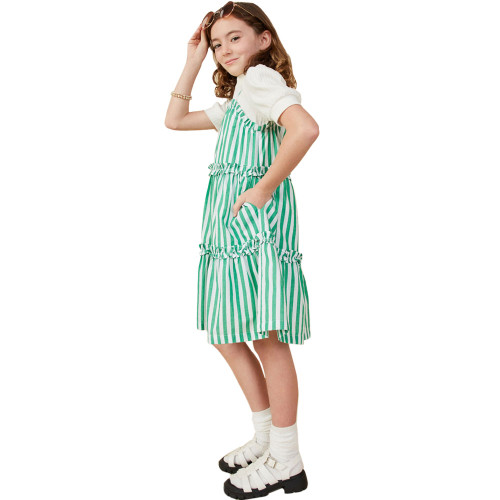 Girls Hayden Ruffle Trim Poplin Stripe Spaghetti Strap Dress - Green Side