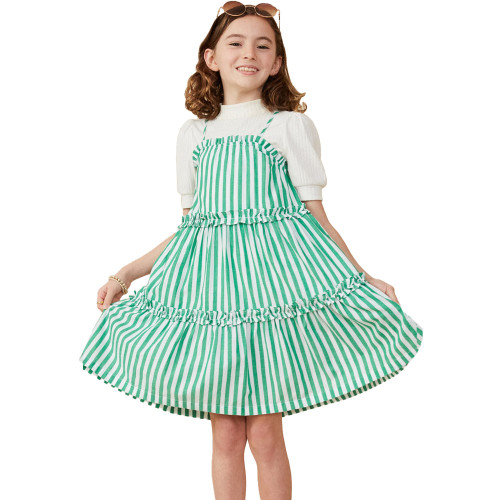Girls Hayden Ruffle Trim Poplin Stripe Spaghetti Strap Dress - Green Front