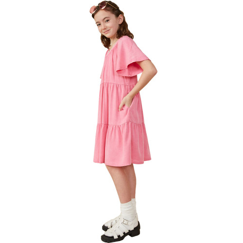 Girls' Hayden Washed Tencel V Neck Short Sleeve Tiered Dress - Pink Side