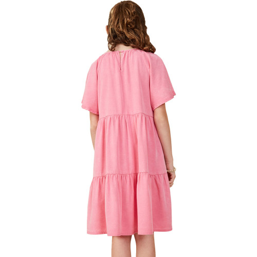 Girls' Hayden Washed Tencel V Neck Short Sleeve Tiered Dress - Pink Back