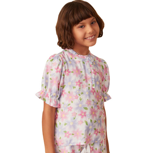 Girls' Hayden Floral Print Ruffle Short Sleeve Top - Off White Side
