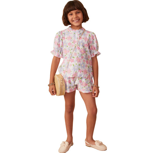 Girls' Hayden Floral Print Ruffle Short Sleeve Top - Off White Full Model