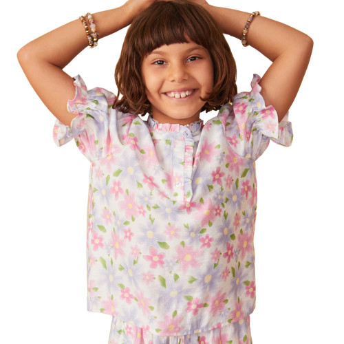 Girls' Hayden Floral Print Ruffle Short Sleeve Top - Off White Front