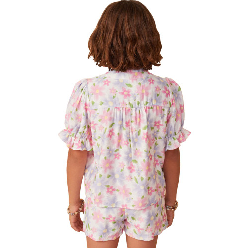 Girls' Hayden Floral Print Ruffle Short Sleeve Top - Off White Back