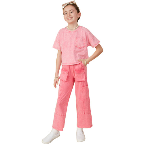 Girls' Hayden Washed Raw Edge Pocket Short Sleeve T-Shirt - Pink Full Model