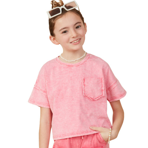 Girls' Hayden Washed Raw Edge Pocket Short Sleeve T-Shirt - Pink Front