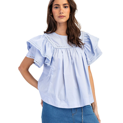 Women's Easel Crochet Lace Detailing Cotton Poplin Top Cotton Blue Main