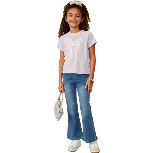 Girls' Hayden Pearl Ribbon Patch Knit T-Shirt - Lavender Full Model