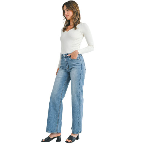 Women's Just Black Denim High Rise Full Length Straight Leg Jeans Light Denim Side