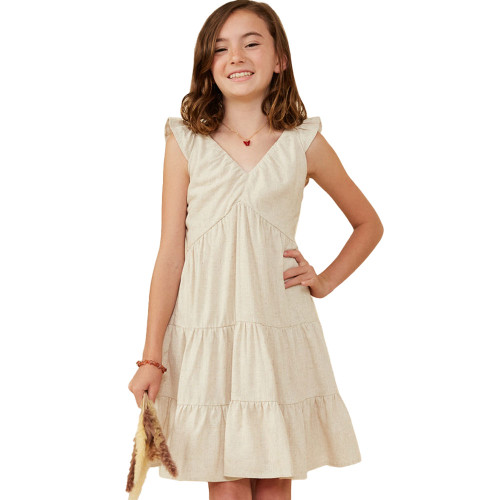 Girls' Hayden Heathered Linen-Look Smocked Back Tank Dress - Oatmeal Front