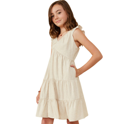 Girls' Hayden Heathered Linen-Look Smocked Back Tank Dress - Oatmeal Side