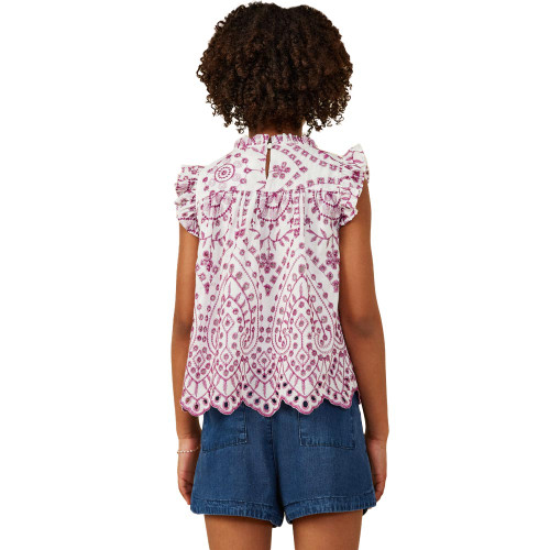 Girls' Hayden Embroidered Eyelet Scalloped Hem Ruffle Short Sleeve Top - Purple Back