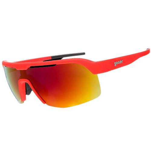 Goodr Dante's Shin Splint Inferno Sunglasses With Red Shield Frames Angled View