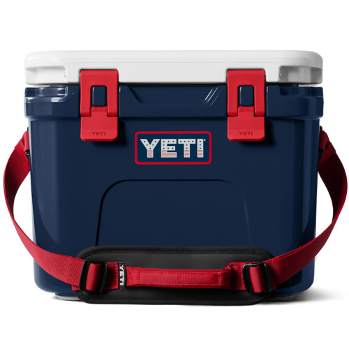 YETI Roadie 15 Hard Cooler - Patriotic Red White And Blue Front View With Carry Strap In Front