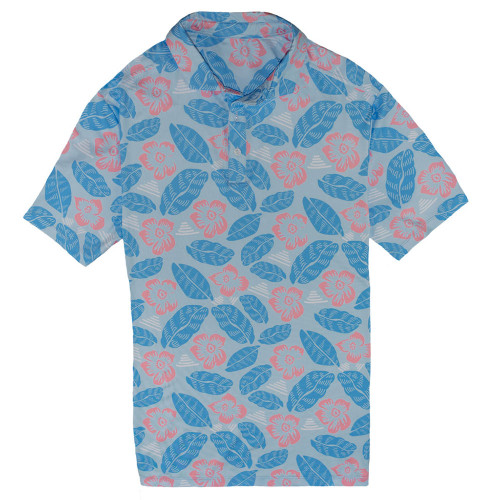 Men's Meripex Golf Polo - Beach Bum Blue And Pink Hawaiian Print Front