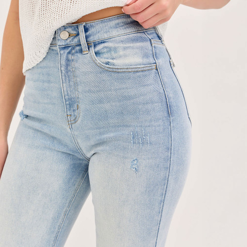 Women's Cello High Rise Distressed Straight Leg Denim Jeans - Light Blue Front Detail Women's Cello High Rise Distressed Straight Leg Denim Jeans - Light Blue Front Detail