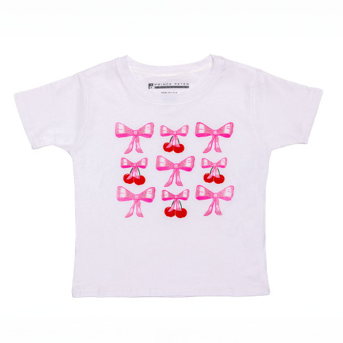 Girls' Prince Peter Short Sleeve Bows And Cherries T-Shirt - White Front