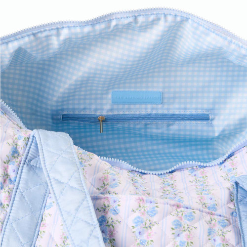 The Darling Effect On-the-Go Quilted Petal Parade Blue Weekender Bag zippered pocket